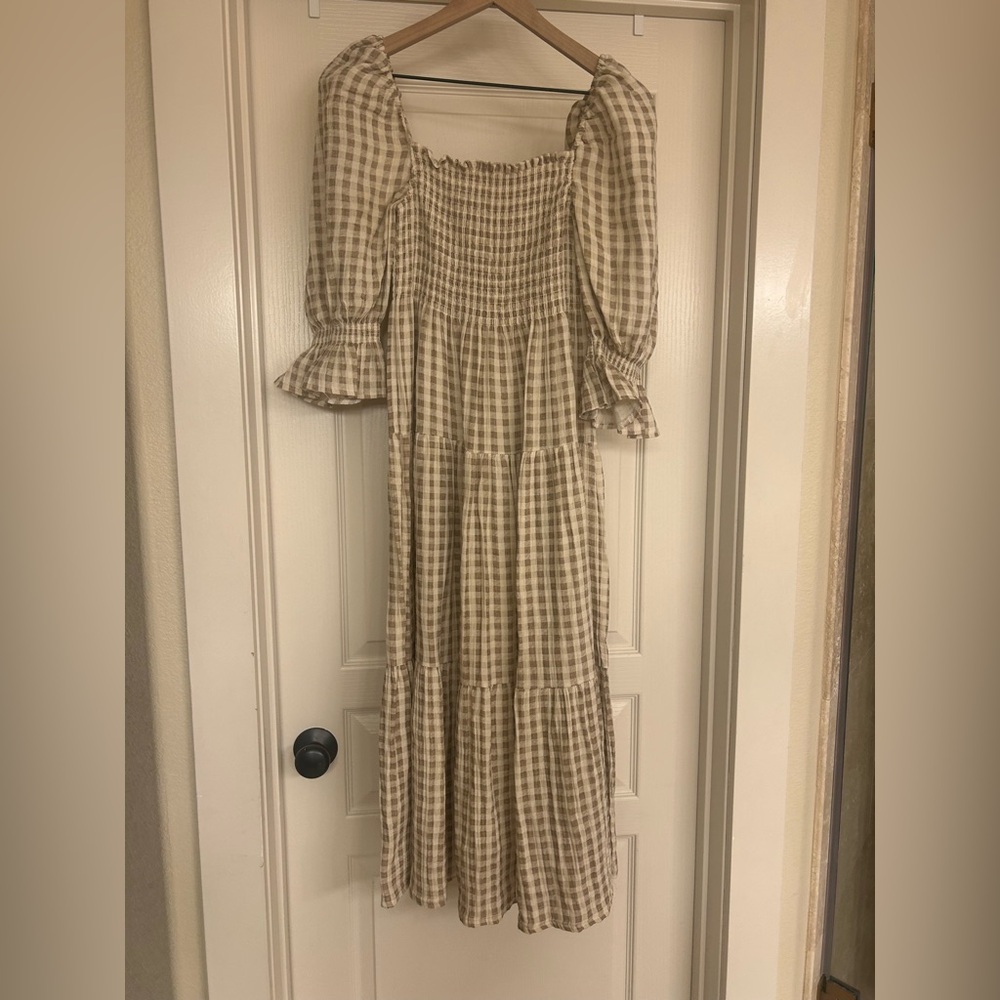 Nothing Fits But Beige Gingham Maxi Dress with Smocked Bodice